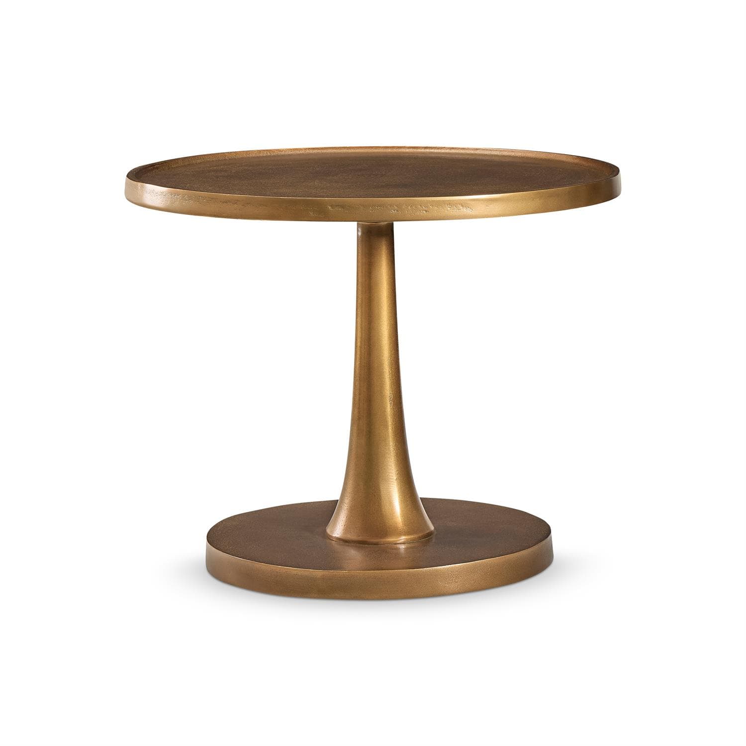 A round accent table with a tapered pedestal base and a circular foot. The tabletop has a slight lip and a textured finish. The entire piece has a metallic, antique brass appearance. — 3D model