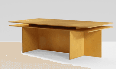 A modern executive desk featuring a distinct layered plywood construction, presenting a light wood finish and a minimalist aesthetic. — 3D model