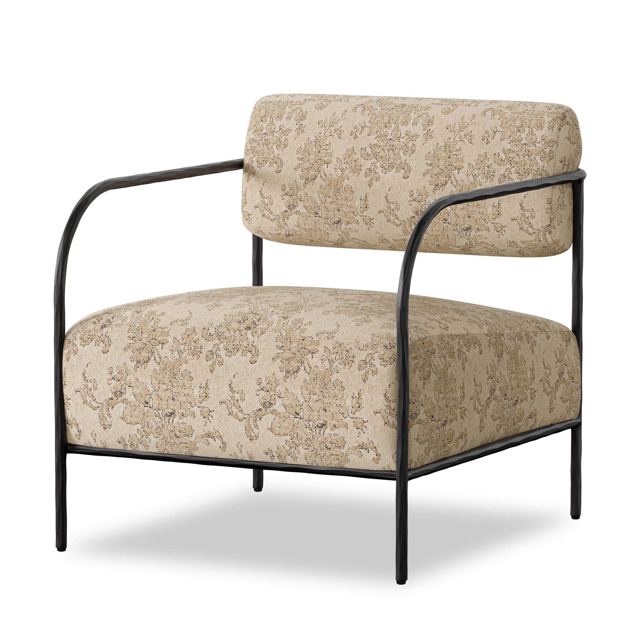 A contemporary lounge chair featuring a sturdy dark metal frame with upholstered seat and back cushions. The fabric has a light beige background with a brown floral pattern. — 3D model