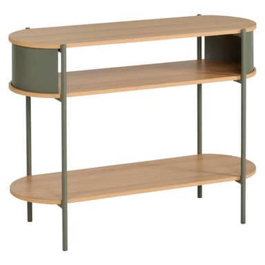 A modern two-tier shelving unit featuring oval-shaped shelves with a light wood-look finish, supported by a sage green tubular metal frame. The frame incorporates curved sage green panels at the ends of the top shelf. — 3D model