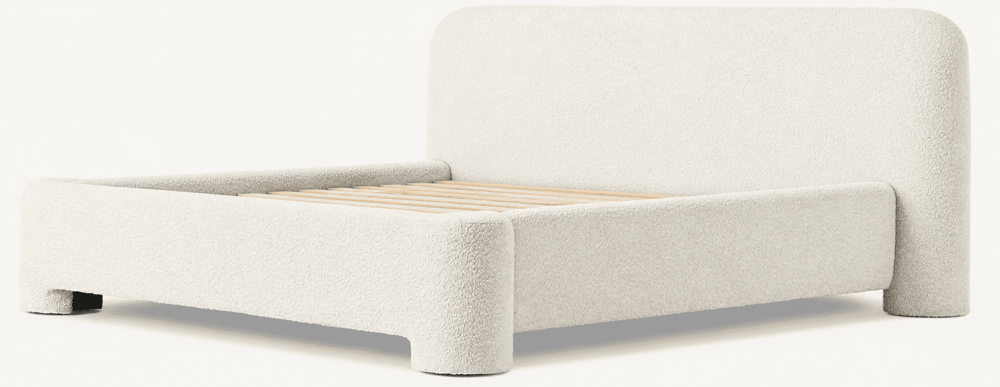 A modern bed frame with a rounded headboard and footboard, upholstered in a textured, boucle-like fabric. The frame features curved side rails and is supported by short, block-like legs. The mattress base is constructed from wooden slats. — 3D model