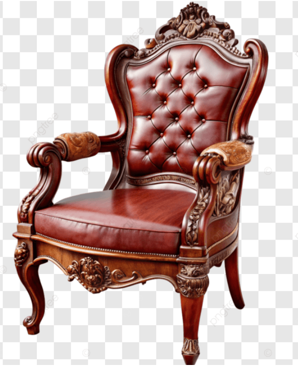 A highly ornate armchair featuring a dark, carved wooden frame and rich burgundy tufted leather upholstery. The chair exhibits intricate floral and acanthus leaf carvings on its high backrest, armrests, and apron. It has rolled armrests with carved embellishments and cabriole legs, characteristic of Baroque or Rococo design styles. The backrest is deeply button-tufted, and the seat is a smooth, cushioned leather pad. — 3D model