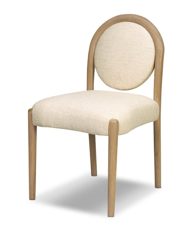 A side chair with a rounded upholstered back and seat, supported by four wooden legs. The frame consists of curved wooden elements forming the backrest and connecting to the legs. The upholstery appears to be a textured, neutral-toned fabric. — 3D model