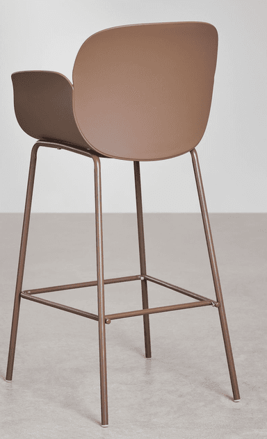 A modern bar stool with a rounded, molded seat and backrest that appears to be made of plastic. The seat and back form a single, continuous shell with a cutout for the arms. The stool is supported by a slender metal frame with four legs connected by a lower crossbar for stability. The overall design is minimalist and contemporary. — 3D model