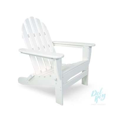 A classic white Adirondack chair, featuring a wide, slatted fan-shaped backrest and a slatted seat. It has broad, flat armrests and a characteristically reclined posture, designed for outdoor relaxation. The chair appears to be made of painted wood or a durable wood-composite material. — 3D model