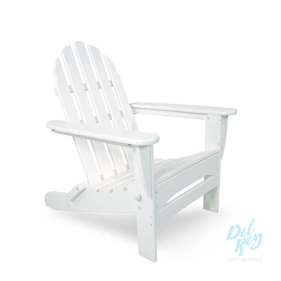 A classic white Adirondack chair, featuring a wide, slatted fan-shaped backrest and a slatted seat. It has broad, flat armrests and a characteristically reclined posture, designed for outdoor relaxation. The chair appears to be made of painted wood or a durable wood-composite material. — 3D model