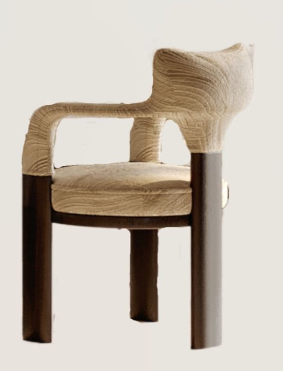 An armchair featuring a distinctive sculptural backrest and integrated armrests upholstered in a textured, light-colored fabric, supported by dark, square-profile legs. — 3D model