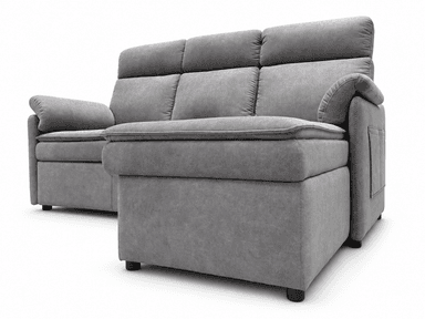 A contemporary gray upholstered sectional sofa featuring a chaise lounge extension with integrated storage. The sofa boasts plush, segmented back cushions, rolled armrests, and practical storage pockets on the side of the armrest. Its design suggests a focus on comfort and functionality. — 3D model