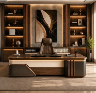 A sleek, elongated modern credenza or media console featuring dark wood veneer, a dark inset top panel, a light contrasting band, and metal trim accents, with integrated curvilinear supports and fluted detailing. — 3D model