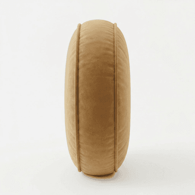 A circular, thick floor cushion upholstered in a soft, golden-brown velvet-like fabric. It features piping around its circumference on both the top and bottom edges, defining its plush, structured shape. The cushion is designed for comfortable, low-level seating or as a footrest. — 3D model