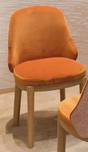 A modern upholstered chair with a vibrant orange fabric finish and a light-toned wooden frame. The chair features a gently curved, enveloping backrest and a padded seat, supported by four tapered cylindrical wooden legs. — 3D model