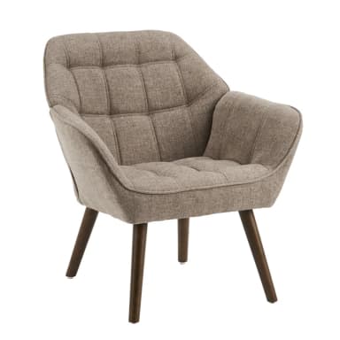 A contemporary upholstered lounge chair featuring tufted back and seat cushions, integrated curved armrests, and supported by four dark-stained tapered wooden legs. The fabric is a light brown, textured material. — 3D model