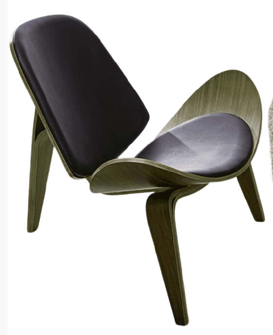A sculptural three-legged lounge chair, known as the Shell Chair, featuring a distinctive curved bent plywood frame with a dark olive green stain, and separate black leather upholstered cushions for the seat and backrest. — 3D model