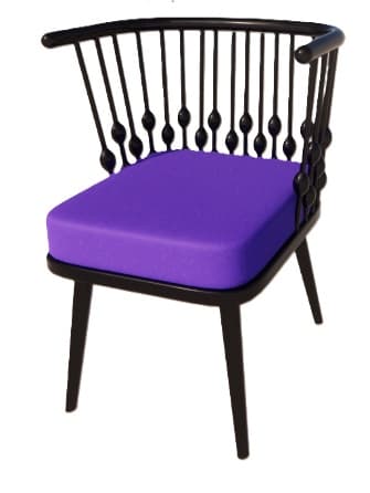 A black accent chair with a curved backrest supported by multiple vertical spindles. The spindles have decorative spherical elements placed at intervals. The seat is upholstered in a vibrant purple fabric, forming a distinct cushion. The chair has four tapered legs, also in black. — 3D model