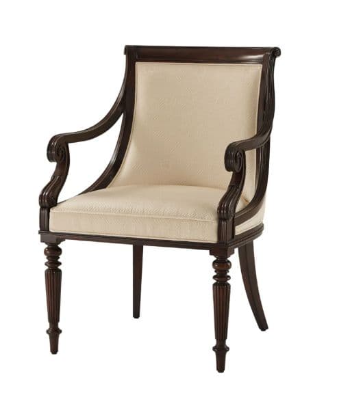 A traditional style armchair featuring a dark wood frame with scrolled arms and light-colored upholstered seat and back. The front legs are turned and fluted. — 3D model