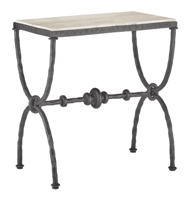 A rectangular console table featuring a light-colored, naturally veined marble top and a dark, hammered wrought iron base with an X-frame leg structure and a decorative central stretcher. — 3D model