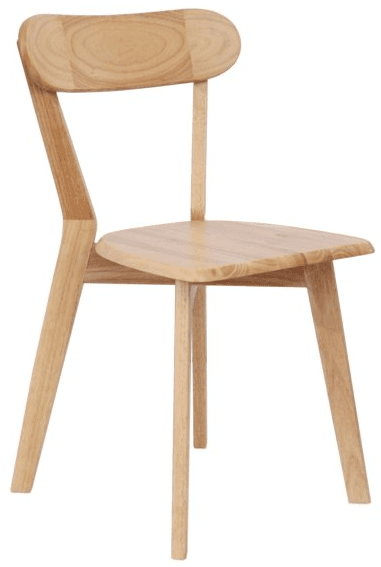 An armless chair crafted from light-toned natural wood, featuring a gently curved, ergonomic seat and a separate, curved backrest supported by two angled uprights. The four tapered legs splay slightly outwards, contributing to its stable and minimalist design suitable for dining or accent use. — 3D model