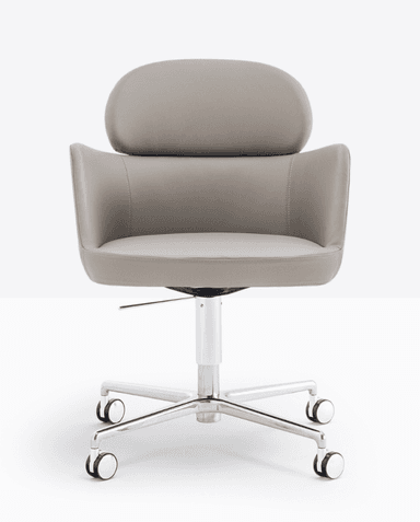 A modern upholstered office chair featuring a light grey or taupe padded seat, backrest, and integrated armrests. The chair is supported by a polished chrome five-star base with black and white casters, indicating mobility. It has a central column for height adjustment and swivel functionality. The upholstery appears to be a durable leatherette or faux leather with visible stitching details. — 3D model