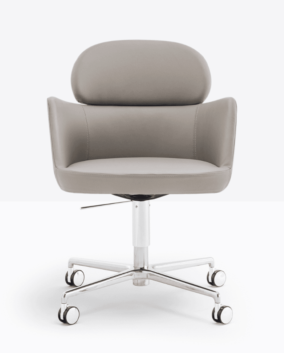 A modern upholstered office chair featuring a light grey or taupe padded seat, backrest, and integrated armrests. The chair is supported by a polished chrome five-star base with black and white casters, indicating mobility. It has a central column for height adjustment and swivel functionality. The upholstery appears to be a durable leatherette or faux leather with visible stitching details. — 3D model