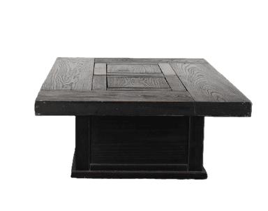A dark-stained wooden coffee table with a rectangular top constructed from multiple planks arranged in a geometric pattern. The base is a solid, box-like structure. — 3D model