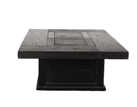 A dark-stained wooden coffee table with a rectangular top constructed from multiple planks arranged in a geometric pattern. The base is a solid, box-like structure. — 3D model