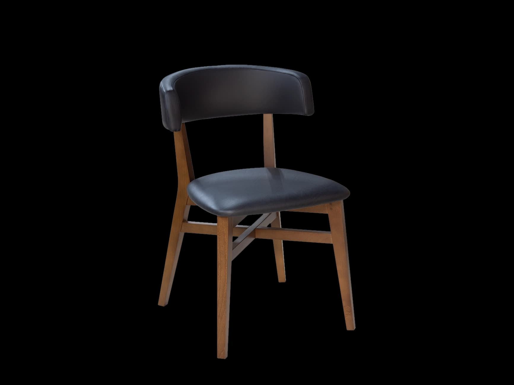 A wooden chair with a black upholstered seat and backrest. The chair has a curved backrest and four straight legs connected by cross braces. The wood appears to be finished in a medium brown tone. — 3D model