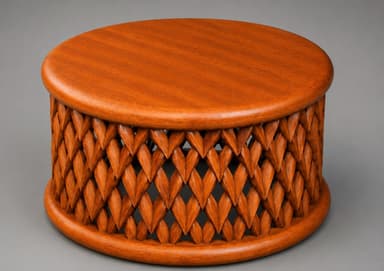 A small, cylindrical wooden table featuring a unique, intricately carved side panel. The top and bottom rims are smooth and rounded, providing a polished frame for the main body. The central section is composed of numerous interlocking, heart-shaped or pointed leaf-like wooden pieces, arranged in an open-work lattice pattern. The wood exhibits a warm, medium brown tone with visible grain, suggesting a natural finish. The design creates visual texture and allows light to pass through, contributing to its decorative appeal. — 3D model