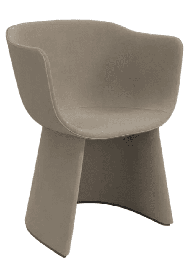 A contemporary upholstered armchair featuring a singular, sculptural form. The chair is fully upholstered in a neutral taupe fabric, with a continuous backrest, seat, and armrests that flow into a unique, solid pedestal-like base. A subtle light-colored piping outlines the contours of the seat and back. — 3D model