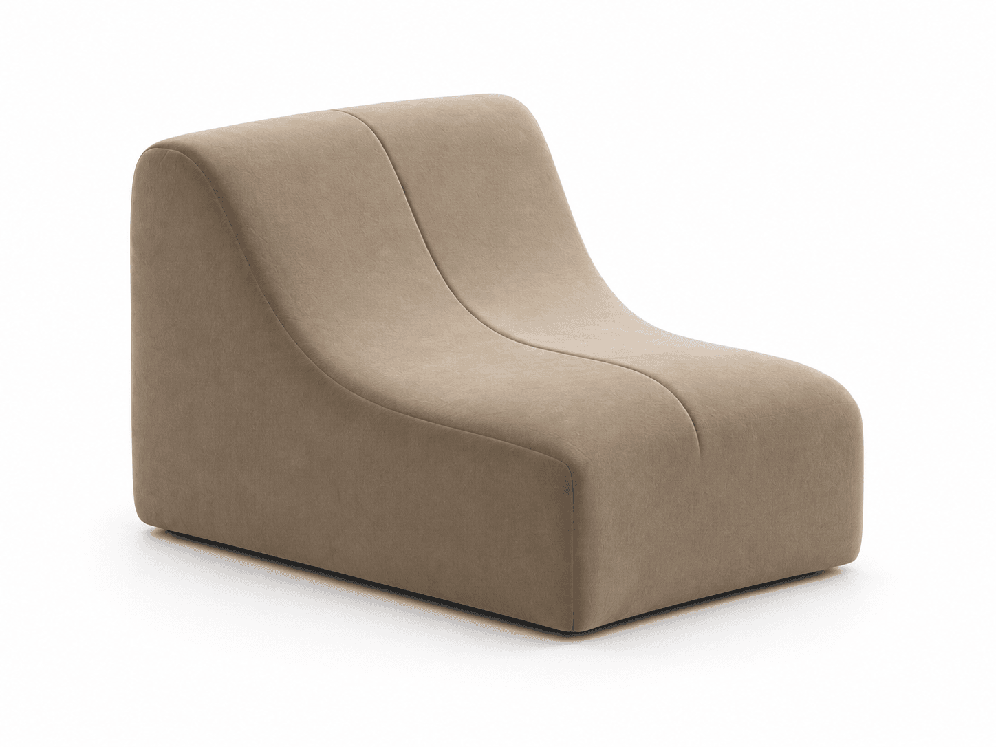 A modern, armless lounge chair with a monolithic and sculptural form, fully upholstered in a light beige, smooth fabric. The chair features a continuous, ergonomic curve from backrest to seat, with a subtle vertical seam or groove delineating the two. Its design eschews visible legs, with the upholstery extending to the floor, contributing to its grounded and minimalist aesthetic. — 3D model