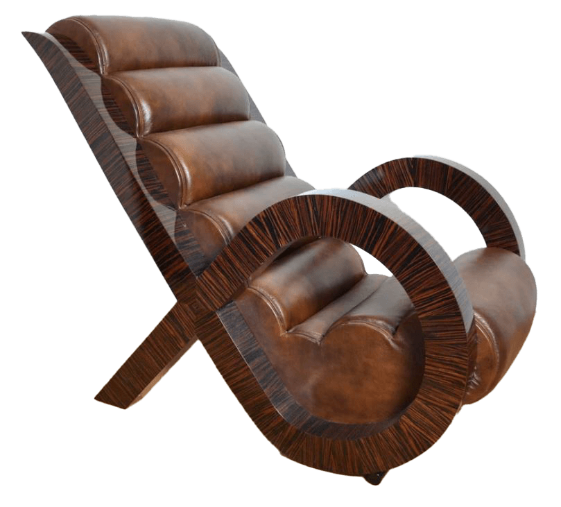 A high-backed chaise lounge featuring a segmented, padded seat and backrest upholstered in brown leather. The frame and armrests are constructed from a dark, striped wood, exhibiting curved and sculptural forms typical of Art Deco design. The overall silhouette is streamlined and elegant. — 3D model