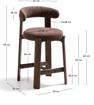 A modern counter stool featuring a dark wood frame and upholstered seat and backrest. The stool has a seat height of 56 cm and an overall height of 90 cm, suitable for counter-height surfaces. The backrest is rounded and upholstered in a textured, reddish-brown fabric, matching the circular seat cushion. The wooden frame consists of four sturdy, slightly tapered legs connected by stretchers on three sides, providing a stable structure and a footrest. — 3D model
