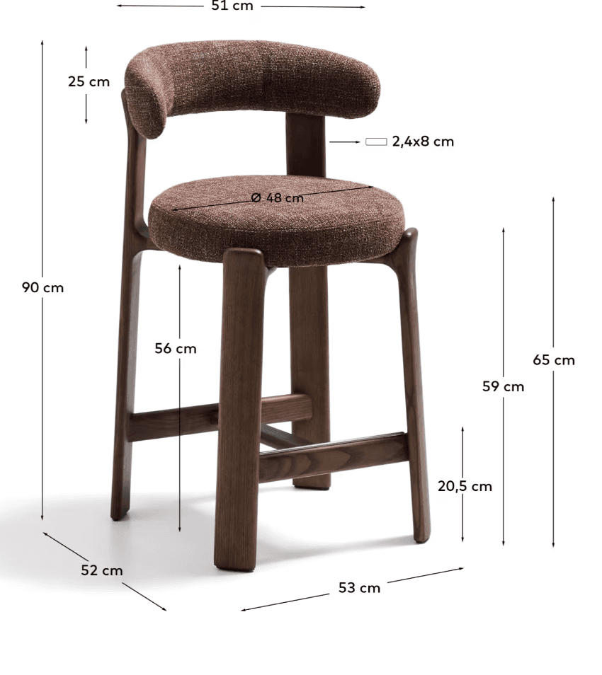A modern counter stool featuring a dark wood frame and upholstered seat and backrest. The stool has a seat height of 56 cm and an overall height of 90 cm, suitable for counter-height surfaces. The backrest is rounded and upholstered in a textured, reddish-brown fabric, matching the circular seat cushion. The wooden frame consists of four sturdy, slightly tapered legs connected by stretchers on three sides, providing a stable structure and a footrest. — 3D model