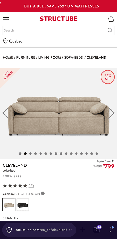 A light brown, contemporary sofa bed composed of modular sections, upholstered in a textured fabric. It features a low-profile design with multiple plush cushions forming the seat and backrests, giving it a relaxed aesthetic. The sofa includes individual padded components that suggest reconfigurability or conversion for sleeping. Small, dark, recessed feet are visible at the base. — 3D model