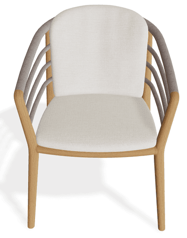 A contemporary armchair featuring a light-toned wooden frame, a padded seat cushion, and a separate back cushion, both upholstered in a light, off-white fabric. The back of the chair incorporates several horizontal gray rope or strap elements, providing a unique design detail. The armrests are integrated into the wooden frame, which shows a natural grain and a smooth finish. The chair stands on four straight, tapered wooden legs. — 3D model