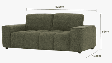 A contemporary two-seater loveseat upholstered in a textured olive green boucle-style fabric, featuring clean lines, block track arms, and a distinctive channeled seat cushion design. — 3D model