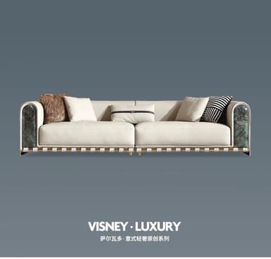 A luxurious modern sofa featuring a cream-colored upholstered body, curved green marble armrests with brass accents, and a distinctive open base composed of brass cylinders integrated with light-colored straps. Several decorative pillows are arranged on the sofa. — 3D model