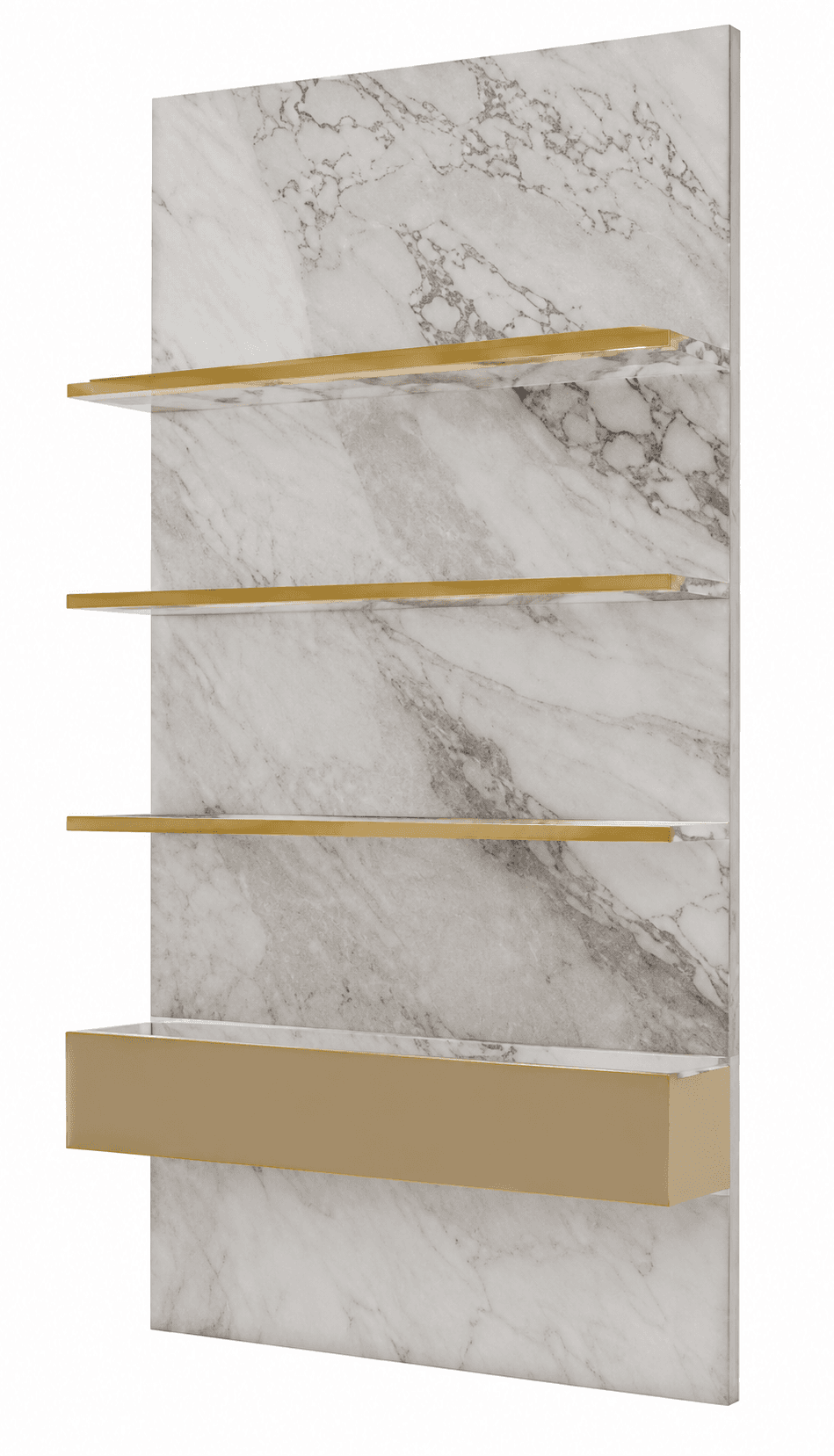A tall, rectangular wall-mounted unit featuring a large white marble back panel with grey veining. Three narrow, horizontally-aligned brass shelves are affixed to the upper two-thirds of the marble panel, spaced evenly. Below these, a wider, shallow, golden-toned rectangular trough or container is integrated into the lower section. — 3D model