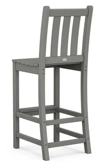 A grey bar stool with a slatted back and a plank-style seat. It features a four-legged design with a horizontal footrest connecting the legs. A small oval emblem is visible on the backrest. — 3D model