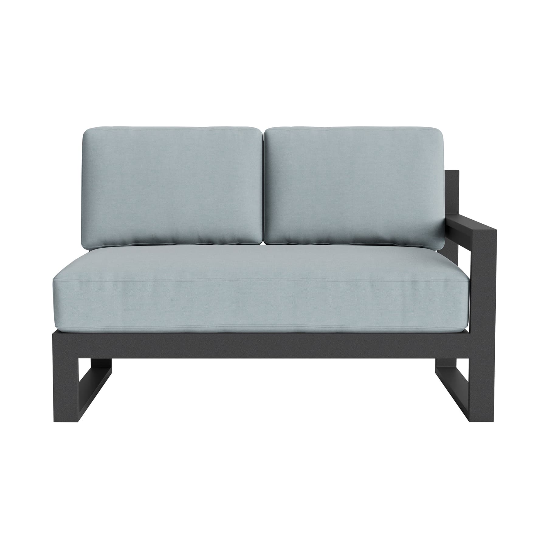 A modern two-seater sofa with a left-side armrest. The sofa features a sturdy, dark-colored frame and light blue upholstered cushions for both the seat and the back. — 3D model