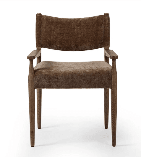 An upholstered armchair featuring a dark wooden frame and rich brown, textured fabric on the seat and backrest. The chair has integrated wooden arms and four slightly splayed, tapered legs. The backrest is gently curved, suggesting a comfortable seating experience. — 3D model