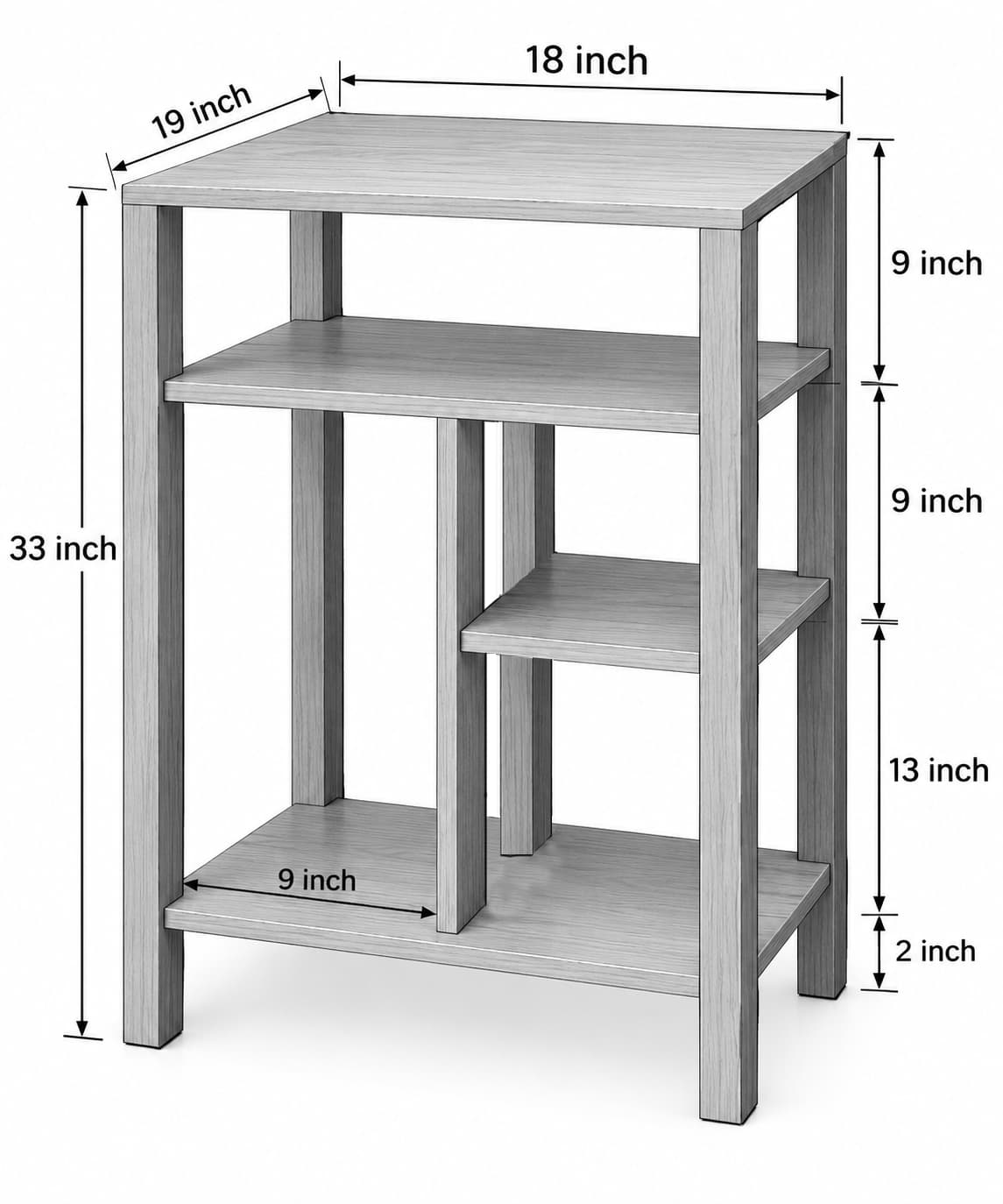 This is a minimalist, narrow four-tier open shelving unit, rendered in a light grey wood-grain texture. It features a rectangular top surface, three additional shelves below it, and a unique internal divider creating a smaller, offset compartment on the second and third tiers from the top. The structure is supported by four sturdy legs and additional vertical supports. — 3D model