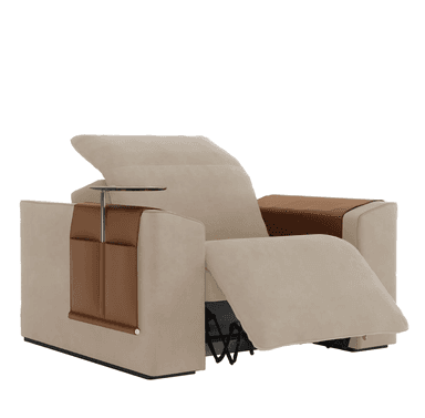 A contemporary recliner chair with a beige fabric upholstery and brown leather accents. The chair features a reclining mechanism, indicated by the extended footrest and visible mechanical components underneath. It includes integrated storage pockets on the side and a small, circular swivel table attached to a metal arm. — 3D model
