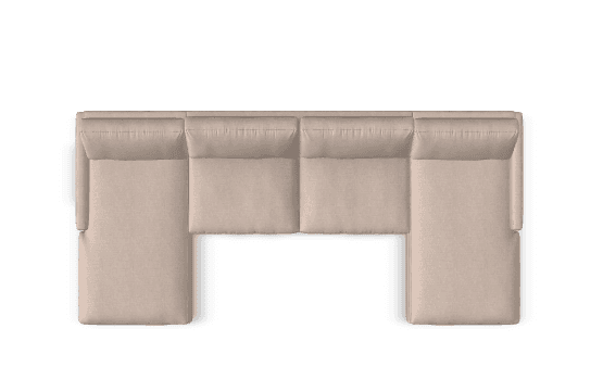 A U-shaped modular sectional sofa upholstered in a light beige textured fabric, featuring low-profile armrests and plush, segmented back cushions, presented from a top-down view. — 3D model