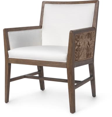 A modern armchair featuring a wooden frame with a distressed dark wood finish. The seat and back are upholstered in a textured white fabric. The armrests have woven panels on the sides, adding a natural element. The chair has four legs connected by stretchers for stability. — 3D model