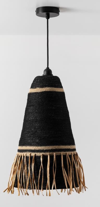 A black conical pendant light featuring a woven texture, accented with natural-colored raffia bands and a fringe along the bottom edge, suspended by a black cord and canopy. — 3D model