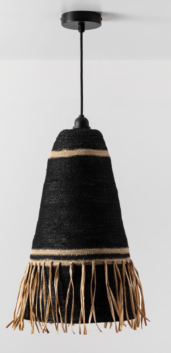 A black conical pendant light featuring a woven texture, accented with natural-colored raffia bands and a fringe along the bottom edge, suspended by a black cord and canopy. — 3D model