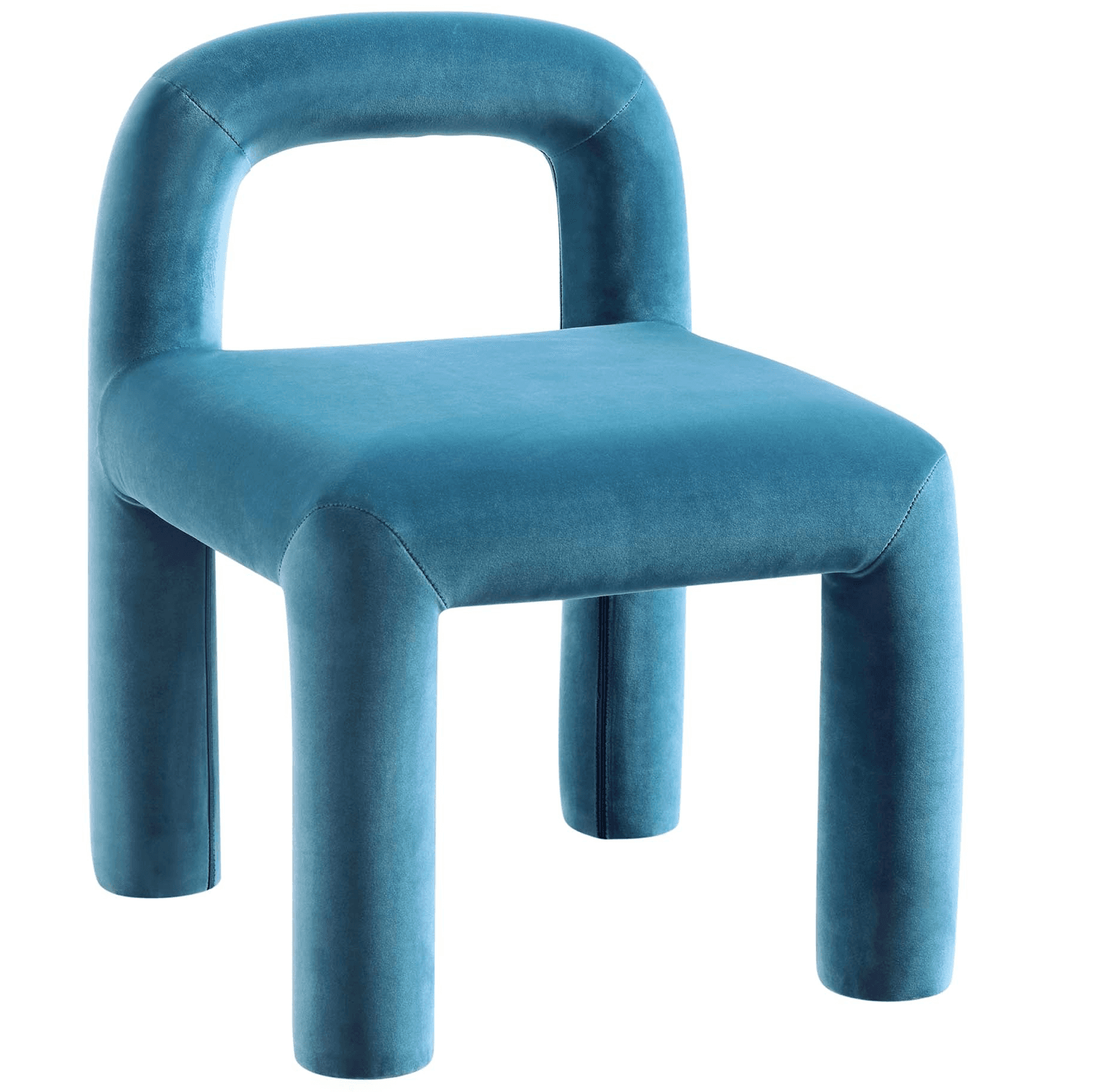 A unique and modern accent chair with a rounded, tubular design. The chair features a continuous, U-shaped backrest and armrest structure that flows into four cylindrical legs. The upholstery appears to be a soft, plush velvet fabric with visible stitching along the seams. — 3D model