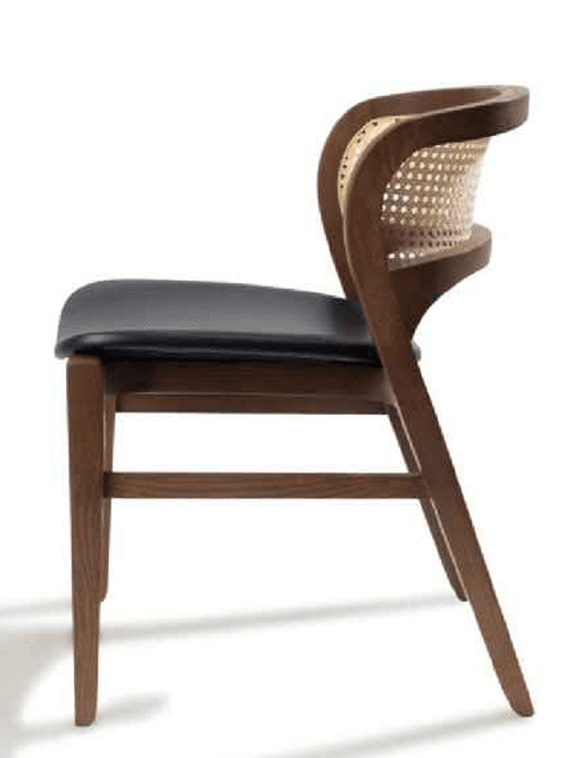 A modern wooden dining armchair featuring a curved cane backrest and a dark upholstered seat. — 3D model