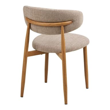 A modern dining chair featuring a light beige textured fabric upholstery on both the seat and the subtly curved backrest. The frame and legs are constructed from light-toned wood, with a minimalist design that includes subtly tapered legs. The backrest appears to be supported by two vertical wooden struts that extend from the rear legs and connect to the upholstered back. — 3D model