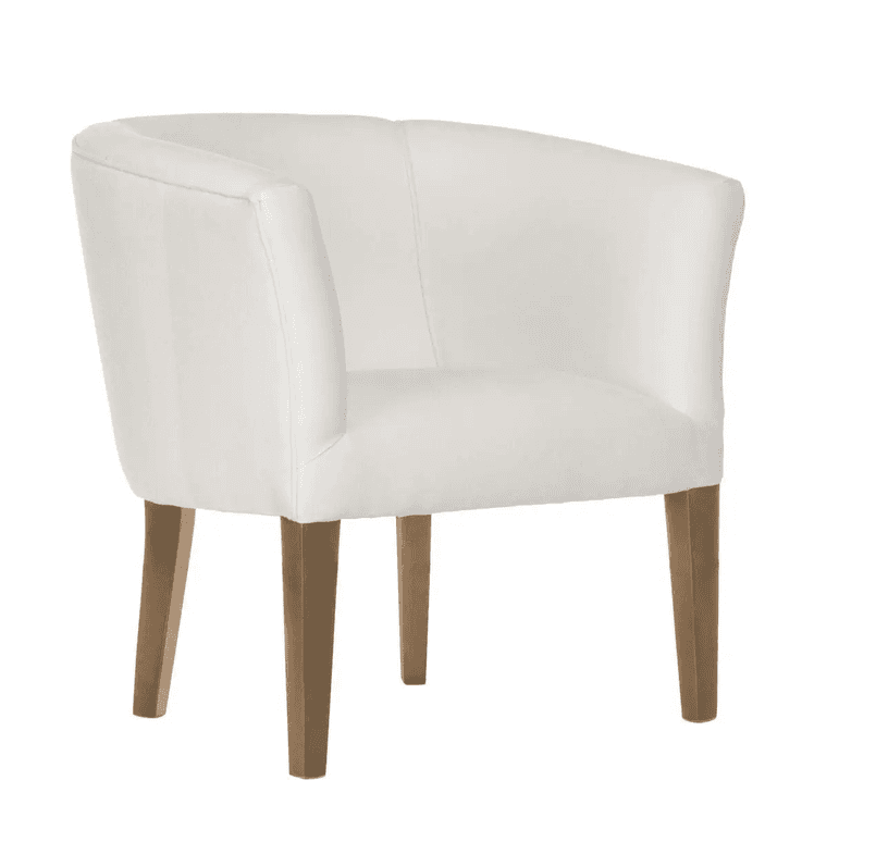 An upholstered barrel back armchair featuring a continuous curved back and integrated arms, resting on four tapered wooden legs. The chair is finished in a light, possibly white or off-white, fabric upholstery, suggesting a modern or contemporary aesthetic. — 3D model
